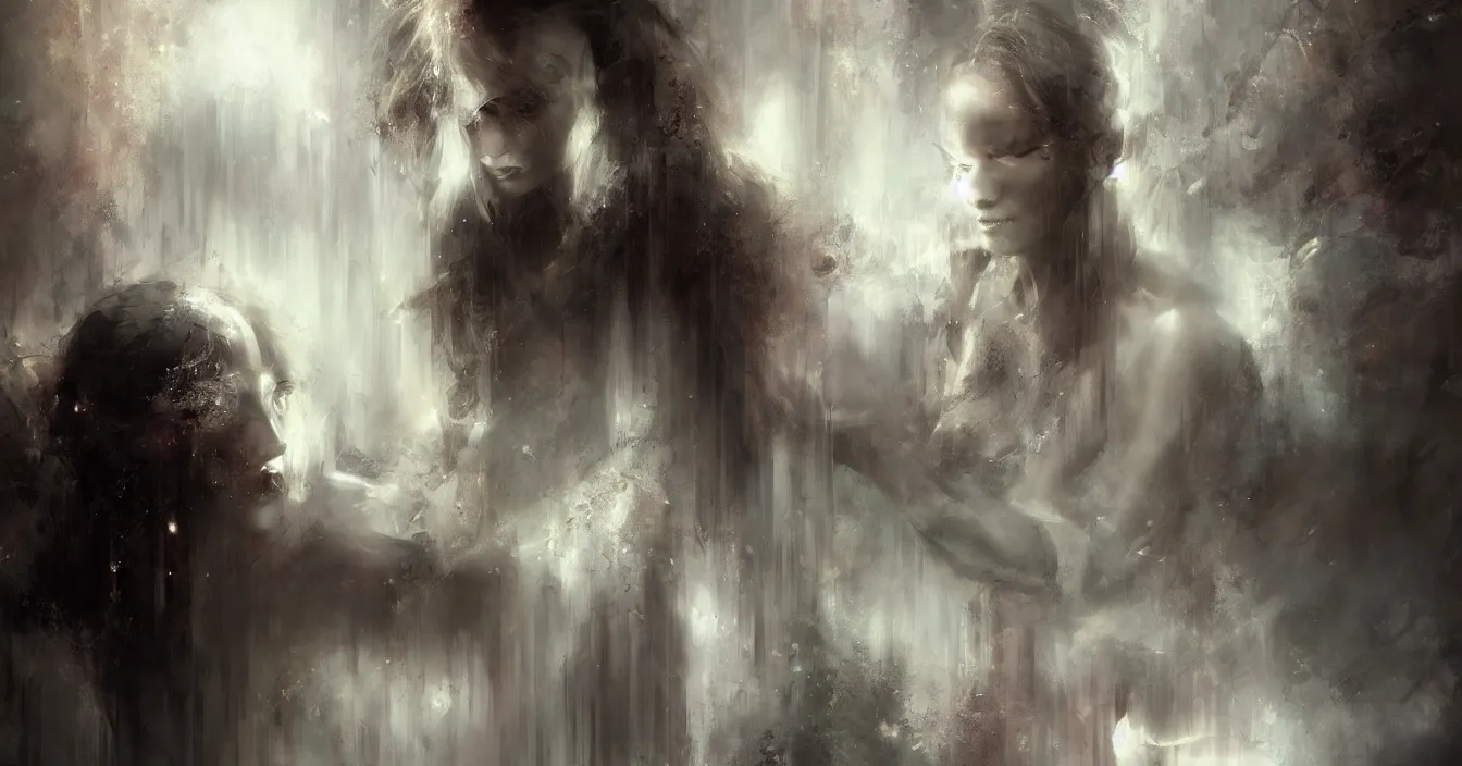 Prompt: the conscious observer from the silent world behind the mirror, absolute peace and quiet ground, still moment, digital art, by raymond swanland