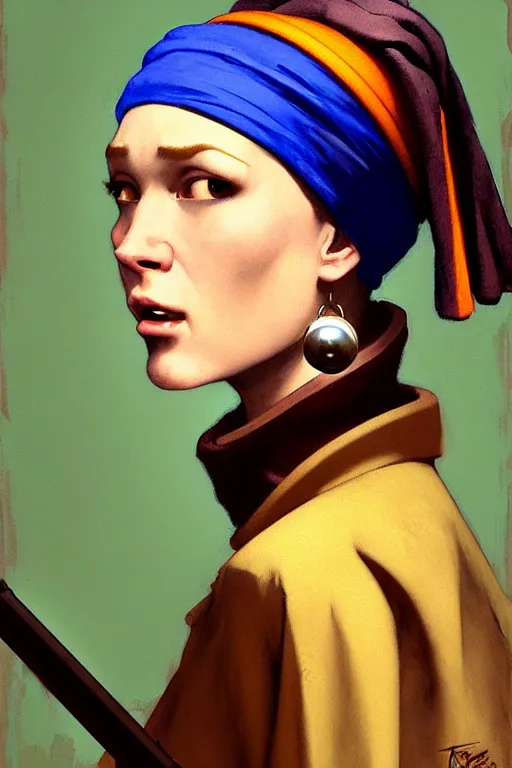 Image similar to team fortress 2 scout the girl with the pearl earring as the team fortress 2 scout team fortress 2 scout team fortress 2 scout, painting by gaston bussiere, katsuya terada, nc wyeth, greg rutkowski, craig mullins, vermeer, frank frazetta, mucha, tom of finland, trending on artstation