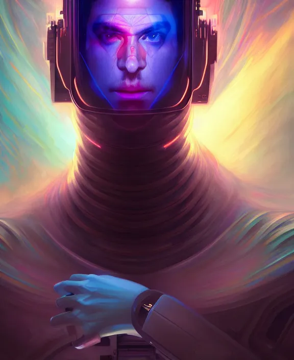 Image similar to a whirlwind inside the metaverse, guy, male, man, hologram, half body, neurochip, android, cyborg, cyberpunk face, by loish, d & d, fantasy, intricate, elegant, highly detailed, colorful, digital painting, artstation, concept art, art by artgerm and greg rutkowski and alphonse mucha