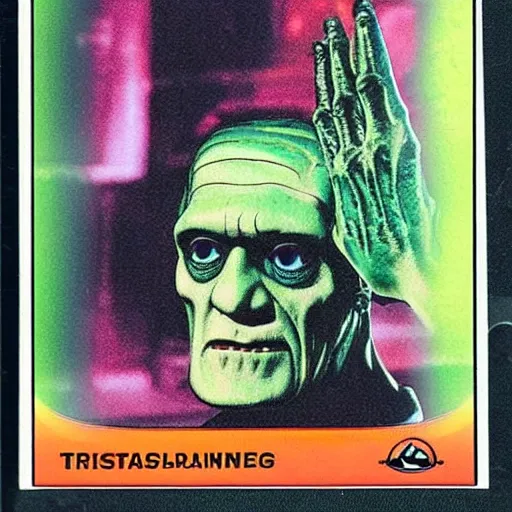 Image similar to Topps Collectable Card, Retro, Frankenstein, Holographic, 3D , Halloween Scene