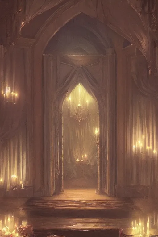 Prompt: a matte painting gothic corner parlor flickering candles velvet curtains by greg rutkowski, tyler edlin
