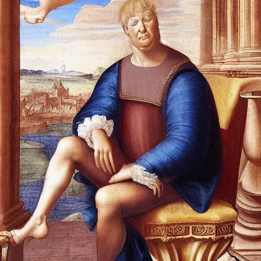 Image similar to a renaissance era painting of donald trump sitting on a toilet