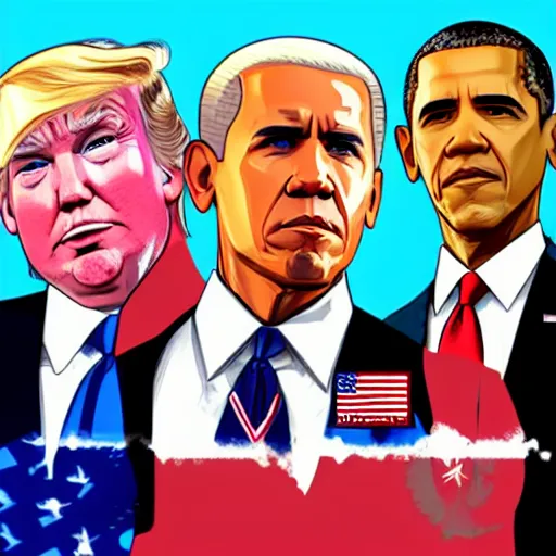 Prompt: GTA Cover Art, Obama, Biden, Trump, USA Presidents, Patriotic, God Bless America