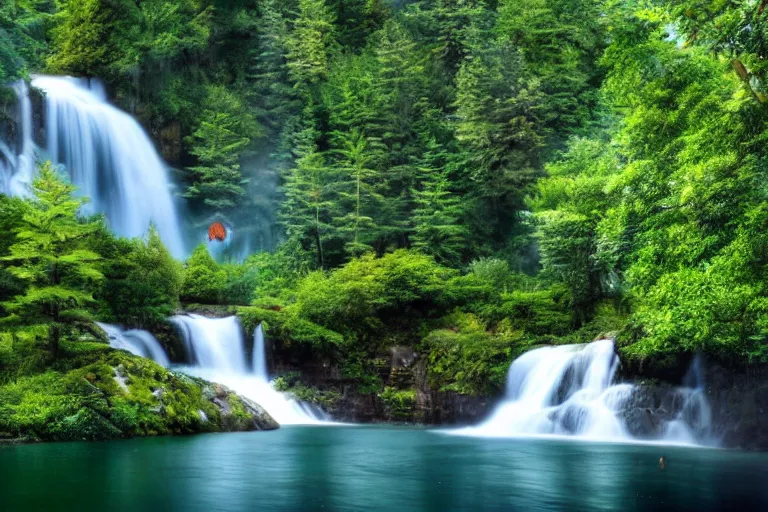 Prompt: a beautiful scene of a serene lake surrounded by trees, waterfalls flowing in between the trees, birds flying above, detailed realistic art