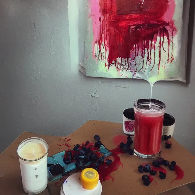 Image similar to “ sensual, a portrait in a female art student ’ s apartment, pancakes, iced latte, berries, art supplies, a candle dripping white wax, berry juice drips, neo - expressionism, surrealism, acrylic and spray paint and oilstick on canvas ”