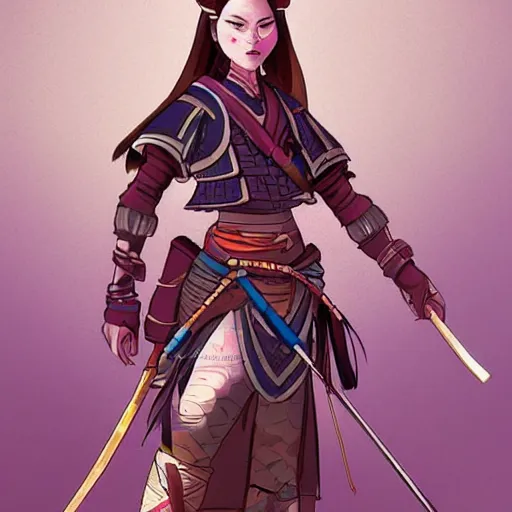 Prompt: full body concept art of a post-apocalyptic samurai disney princess in the style of high fantasy art in the style of Wild west art art trending on artstation deviantart Pinterest detailed High Resolution HD 8k cell shaded full colour bright colour