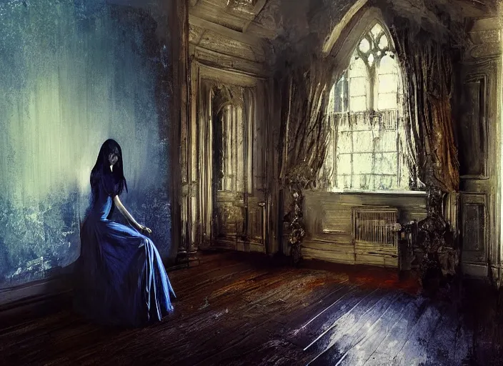 Prompt: gothic mansion room, woman in dress, wooden floor, elegant, digital artwork, paint, blue tones, detailed, by by jeremy mann, by alexander fedosav