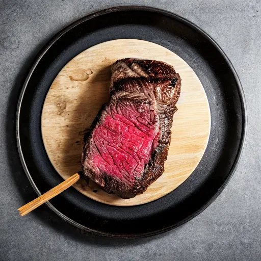 Image similar to juicy steak topped with salt on wooden board, fried onion on the side, 8 k resolution, professional food photography, studio lighting, sharp focus, center frame, hyper - detailed