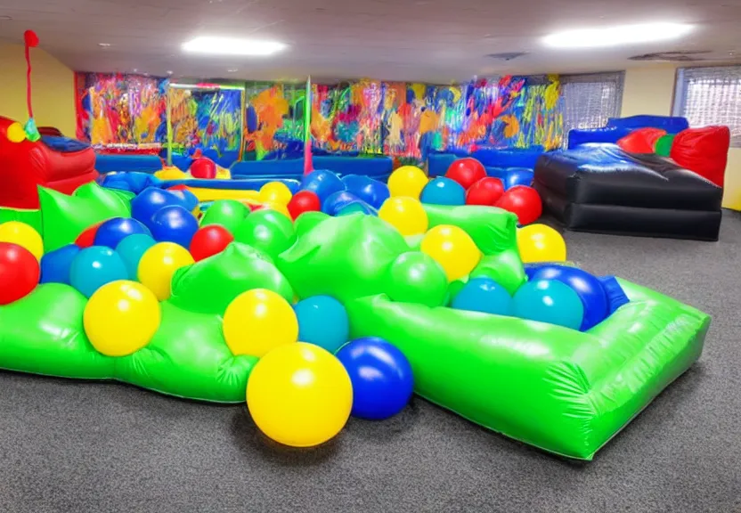 Image similar to A bouncy house with a ball pit and there is a black trampoline next to the ball pit inside a big empty room with light coming through windows