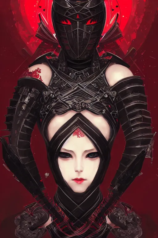 Image similar to portrait Ninja gaiden girl, armored black and red ninja wardrobe, in ruin japanese rainny temple night, ssci-fi and fantasy, intricate and very very beautiful and elegant, highly detailed, digital painting, artstation, concept art, smooth and sharp focus, illustration, art by tian zi and WLOP and alphonse mucha