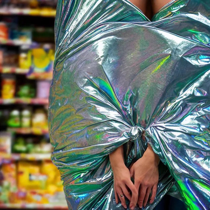 Prompt: closeup portrait of a woman wrapped in an iridescent mylar foil blanket, standing in a grocery store, dirty grocery store, grungy grocery store, color photograph, by vincent desiderio, canon eos c 3 0 0, ƒ 1. 8, 3 5 mm, 8 k, medium - format print