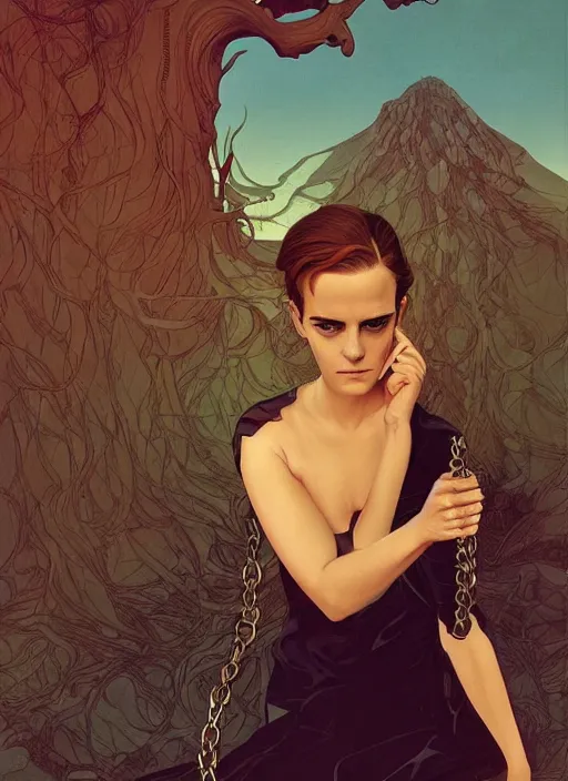 Image similar to poster artwork by Michael Whelan and Tomer Hanuka, Karol Bak of religious Emma Watson wearing cross necklace, on knees swinging all her might into the ground, from scene from Twin Peaks, clean