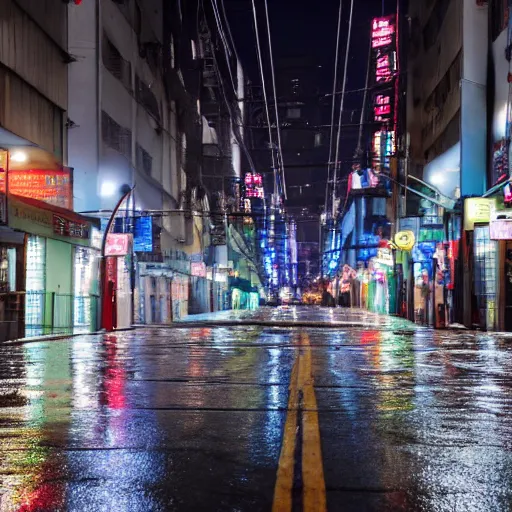 Prompt: rain - soaked alley with messy overhead cables in yongsan district, seoul, south korea, award winning photograph 4 k hd, night - time, skyscrapers in the background, long field of view