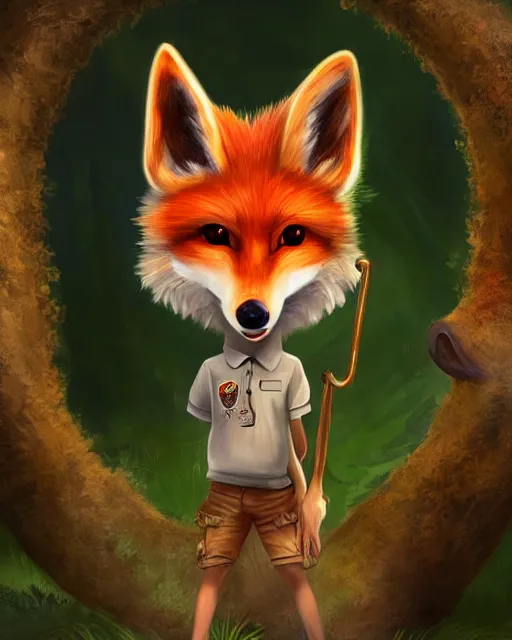 Image similar to award - winning extremely detailed fantasy art of a cute innocent eyes anthropomorphic vulpes vulpes fulva wearing polo shirt and cargo shorts, 4 k