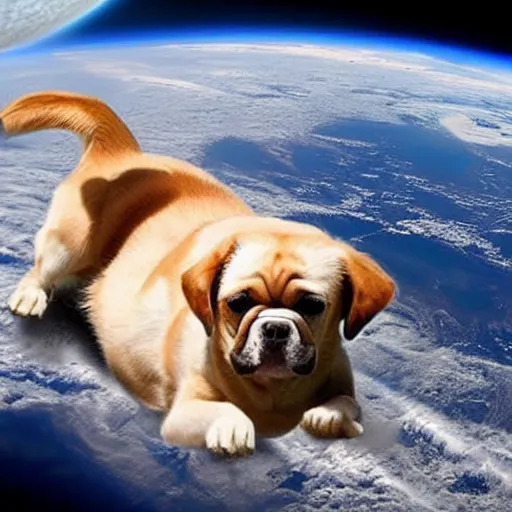 Prompt: dog floating in space