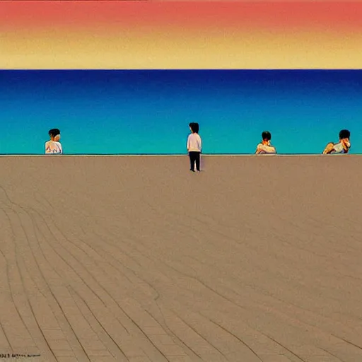 Image similar to a beautiful painting of a sunny day at the empty beach by hiroshi nagai and hirohiko araki, detailed line art