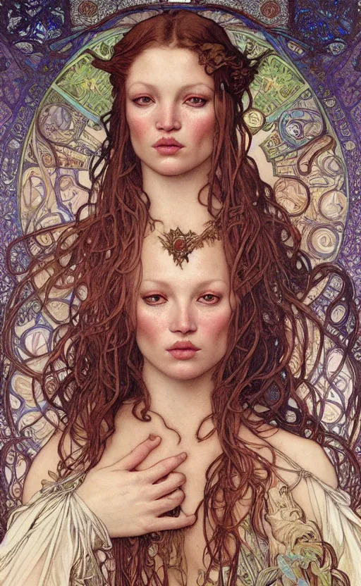 Prompt: “realistic detailed face portrait of young Kate Moss as Salome by Alphonse Mucha, Ayami Kojima, Amano, Charlie Bowater, Karol Bak, Greg Hildebrandt, Jean Delville, and Mark Brooks, lsd, cyberpunk, Art Nouveau, Neo-Gothic, Surreality, gothic, psychedelic, dmt, rich deep moody colours made in unreal engine 4”