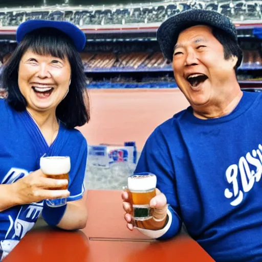 Prompt: a middle aged couple cheering on the Yokohama Baystars Japanese baseball team while drinking beer.