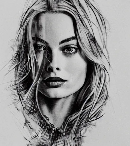 Image similar to tattoo design sketch of margot robbie and beautiful mountain scenery mash up, in the style of maaika de jong, surrealist, amazing detail, sharp