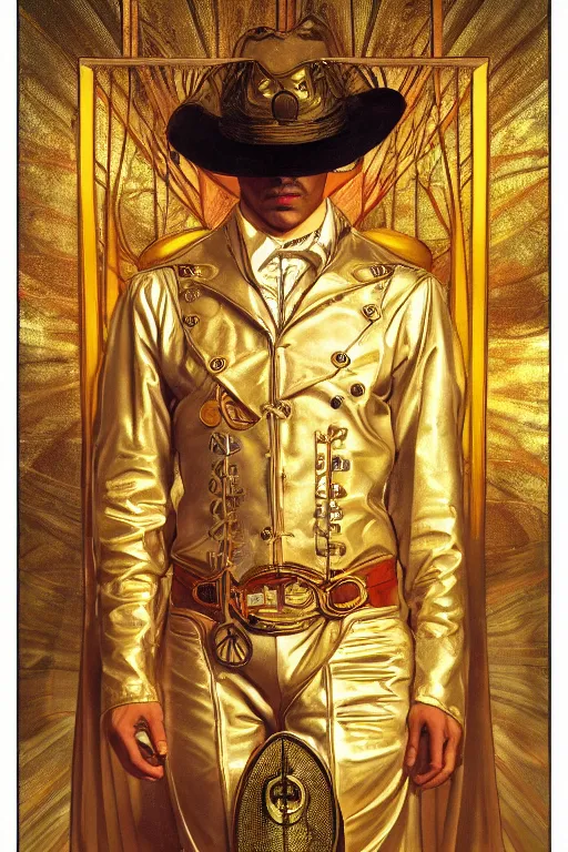 Prompt: a dramatic ethereal epic symmetrical painting of a handsome cowboy in a gold outfit | tarot card, art deco, art nouveau, (steampunk), homoerotic, highly detailed | by Mark Maggiori ((((by Alphonse Mucha)))), | trending on artstation