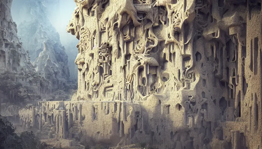 Image similar to a detailed digital painting of a biotech mystical arabic architecture of a city carved into a limestone cliff, by james jean, 1. 1 rule of thirds, ultrarealistic, dramatic lighting, landscape, beautiful, gorgeous, hyper detail, hd, octane render, unreal engine, cinematic, trending on artstation,