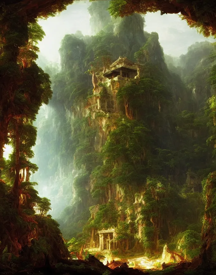 Image similar to an ancient temple lost in a gigantic forest by thomas cole, painting, cinematography, epic lighting,