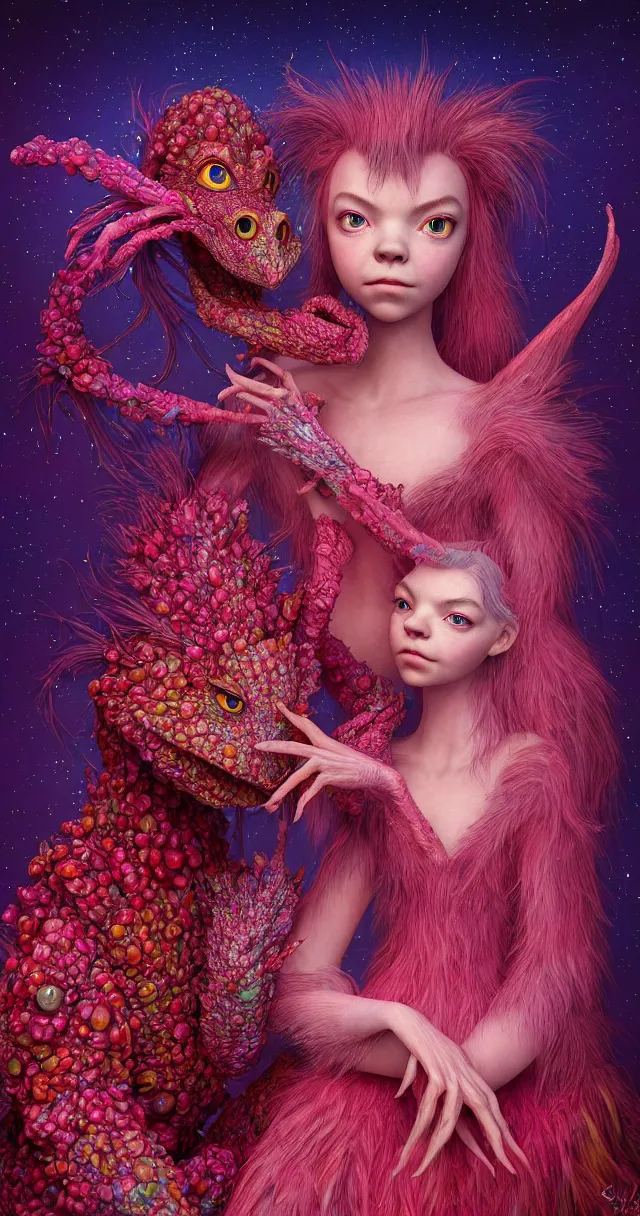 Image similar to hyper detailed 3d render like a Oil painting - kawaii portrait of two Aurora (a beautiful skeksis muppet fae princess protective playful from dark crystal that looks like Anya Taylor-Joy) seen red carpet photoshoot in UVIVF posing in scaly dress to Eat of the Strangling network of yellowcake aerochrome and milky Fruit and His delicate Hands hold of gossamer polyp blossoms bring iridescent fungal flowers whose spores black the foolish stars by Jacek Yerka, Ilya Kuvshinov, Mariusz Lewandowski, Houdini algorithmic generative render, Abstract brush strokes, Masterpiece, Edward Hopper and James Gilleard, Zdzislaw Beksinski, Mark Ryden, Wolfgang Lettl, hints of Yayoi Kasuma and Dr. Seuss, octane render, 8k