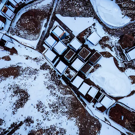 Image similar to snowy region on coast of Iceland, old mine and crates full of supplies buried in snow::2 aerial drone perspective, top down view ::1 sattelite image of snow from 150 meters height, some coal boxes and barrels are covered in snow, old mine remains :: 1 snow, wind falling snow ::1