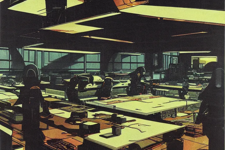 Image similar to 1979 OMNI Magazine Cover depicting a large architectural drafting room. Cyberpunk Akira style by Vincent Di Fate