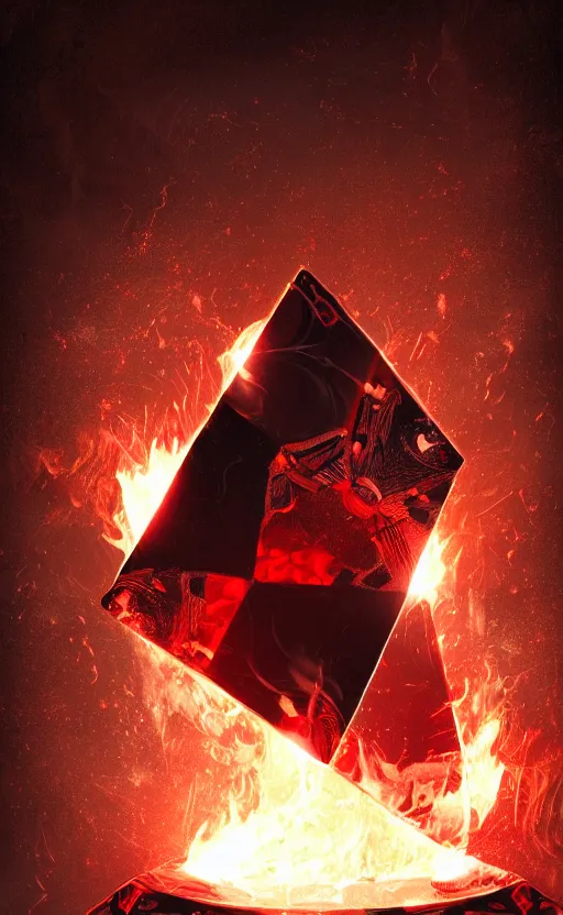 Image similar to a king of diamonds card on fire, with black and red paint in the back ground, ambient lighting, atmospherical, stunning visuals, cinematic, dynamic lighting, photorealistic fantasy concept art, trending on art station, ultra detailed