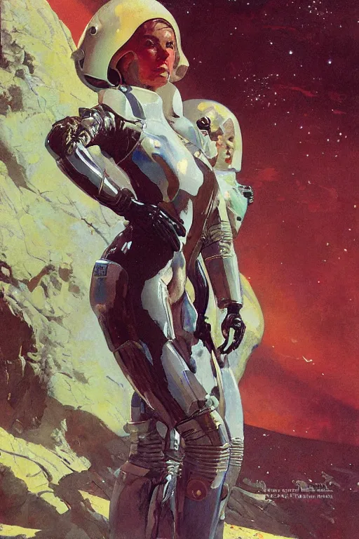 Image similar to pulp scifi fantasy illustration full body portrait of elegant woman wearing latex spacesuit on alien planet, by norman rockwell, jack kirby, bergey, craig mullins, ruan jia, jeremy mann, tom lovell