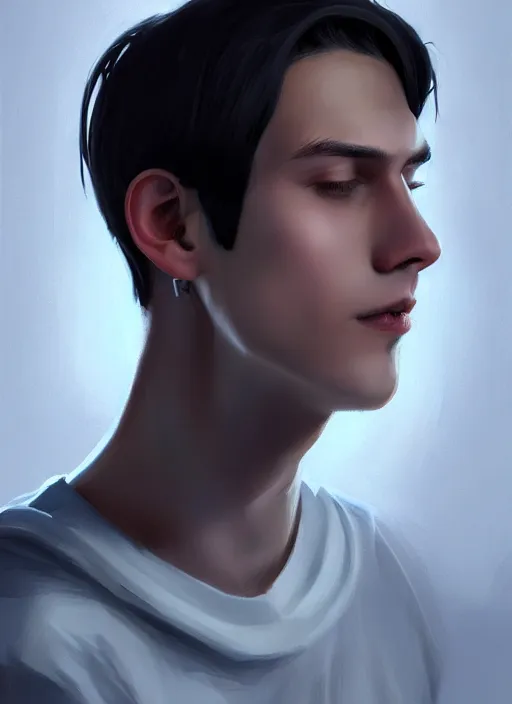 Image similar to portrait of teenage jughead jones wearing a light grey crown, photorealistic, crown, eyes closed, crown, black hair, intricate, elegant, glowing lights, highly detailed, digital painting, artstation, concept art, smooth, sharp focus, illustration, art by wlop, mars ravelo and greg rutkowski