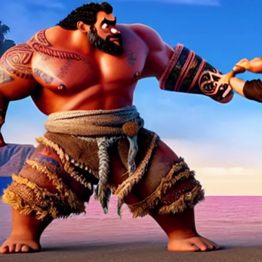 Image similar to kratos fighting with moana rendered by disney