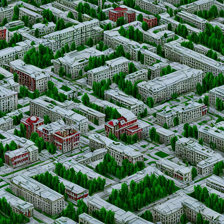 Prompt: photo of one-point perspective in the center. soviet town. Two infinitely long soviet five-story panel buildings. A perfect green grass in the center. High detail, details, ultra realistic render, octane, 3D, photorealism, view from ground level, photo from below, symmetric, cloudless crear sky, cinematic