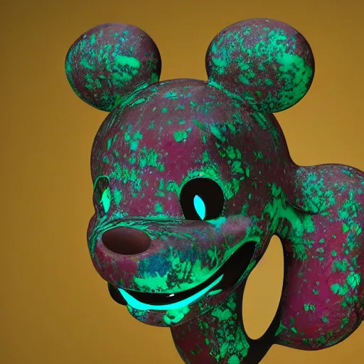 Image similar to counterfeit mickey mouse head, fractal, broken, psychedelic dystopia, fractured, melting, wet, mycelium, radiant alien, rococo, baroque, automotive, bio-mechanical, porcelain, iridescent, sub surface scattering, unreal engine 5