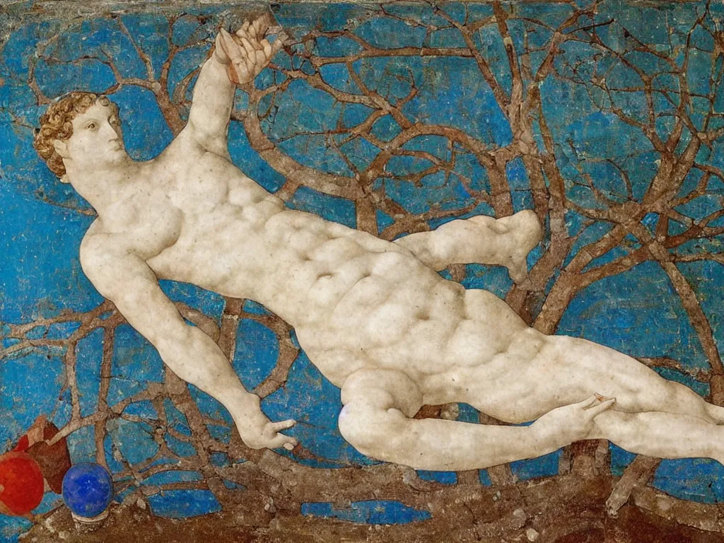 Image similar to broken, ruined marble greek sculpture the head of apollo lying in the sand, tree. lapis - lazuli, turquoise, malachite, cinnabar, earth brown. painting by piero della francesca, balthus, agnes pelton