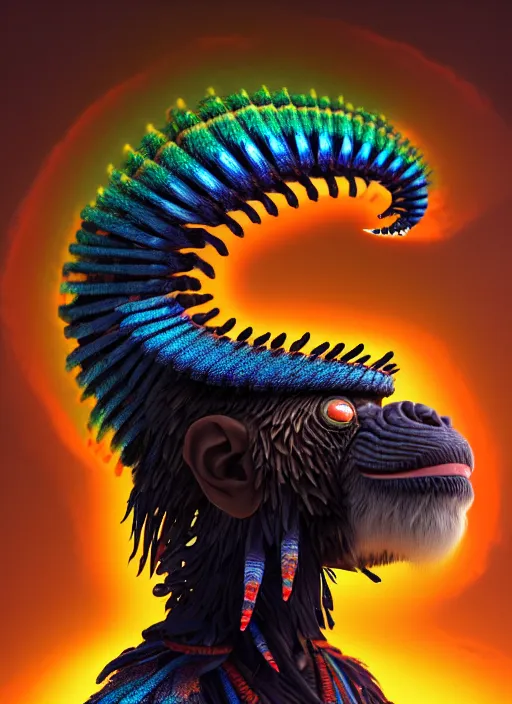 Image similar to 3 d ape shaman profile portrait, sigma 5 0 0 mm f / 5. beautiful intricate highly detailed quetzalcoatl head and feathers. bioluminescent, plasma, lava, ice, water, wind, creature, thunderstorm! artwork by tooth wu and wlop and beeple and greg rutkowski, 8 k trending on artstation,