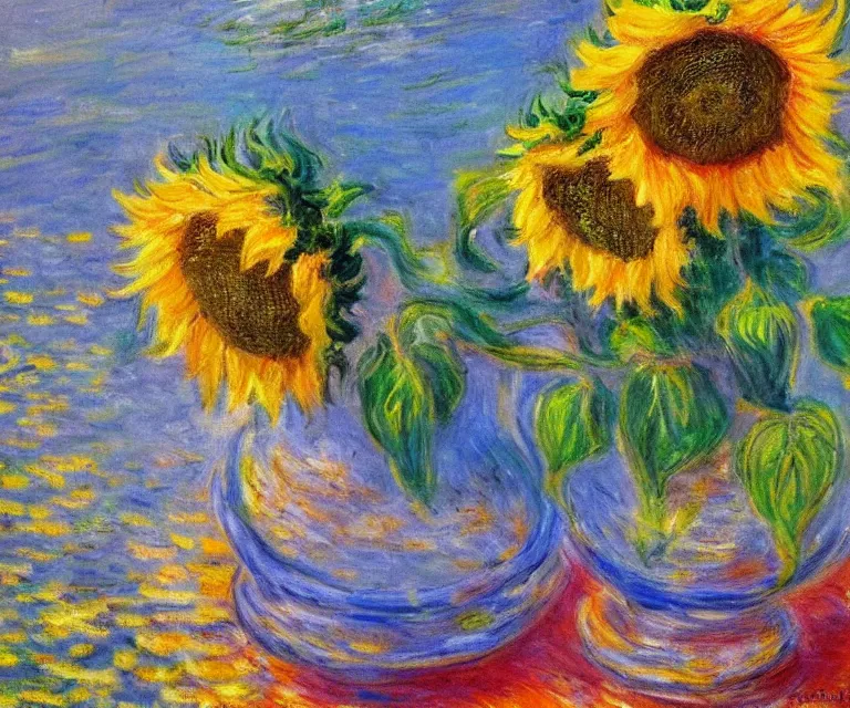 Image similar to sunflowers, monet, water painting, bright colors, sunlight, happy, peaceful, serene, joy