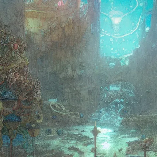 Prompt: the sunken city of Atlantic under water, Greg Rutkowski, Mucha, Moebius, Mohrbacher