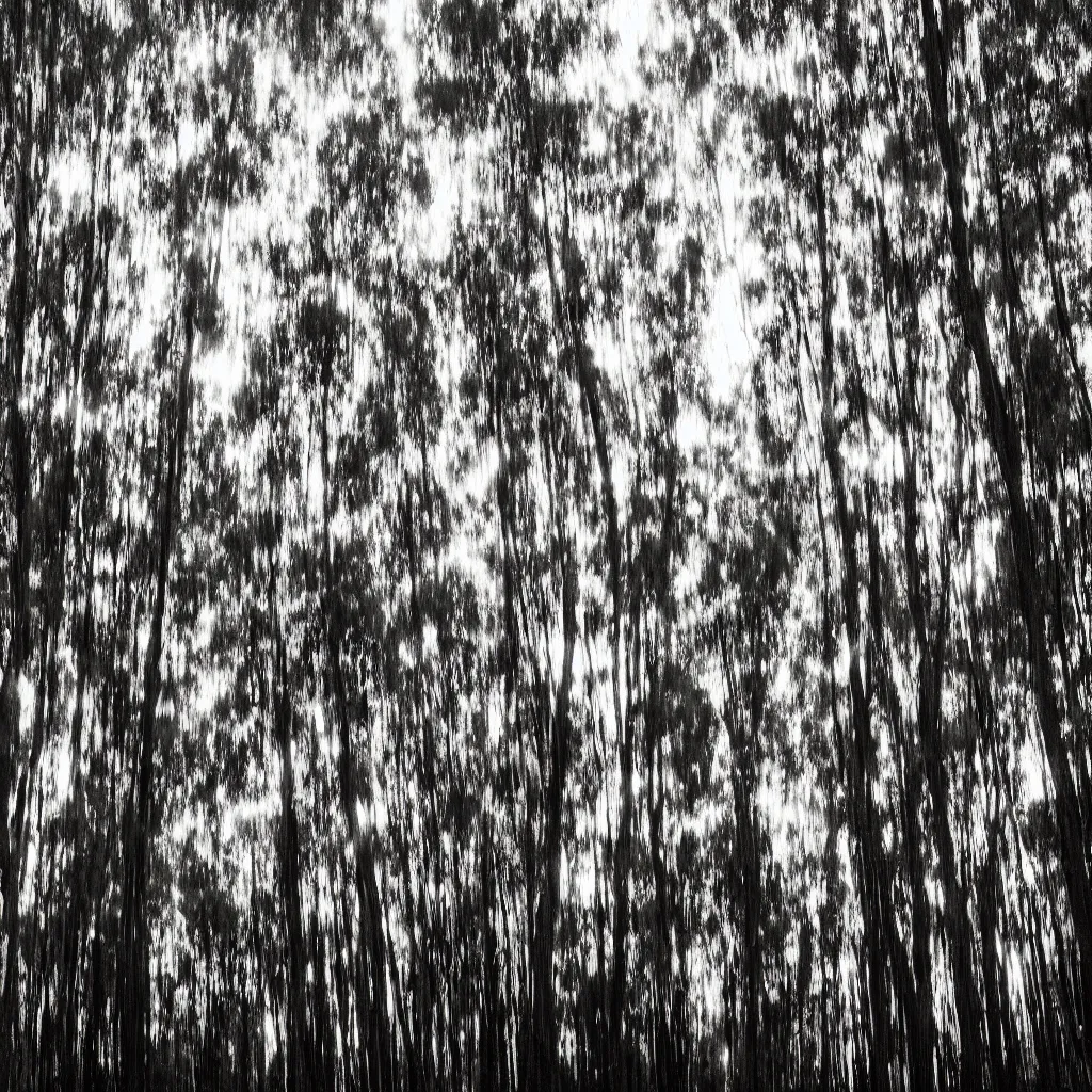 Prompt: long exposure photograph of eucalyptus trees moving by a strong wind, back light, sony ar 7 ii, photographed by trent parke