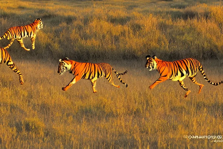 Image similar to 2 animals, one antelope and one tiger, the antelope is chasing the tiger golden hour, 6 0 0 mm, wildlife photo, national geographics