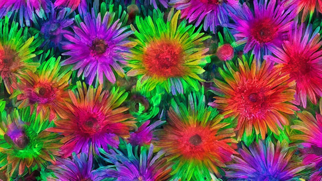 Image similar to digital illustration of a forest of giant multi - colored gerber daisy megaflowers by dr. seuss, reimagined by ilm and beeple : 1 | megaflora, spectral color, electric color, rolling hills : 0. 9 | fantasy : 0. 9 | unreal engine, deviantart, artstation, hd, 8 k resolution : 0. 8