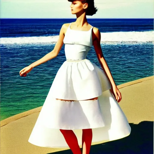 Image similar to 1 9 9 5 italia vogue magazine photo of a dress with cotton underskirt set, christian dior style, mediterranean beach background, refracted color lines, night, flash photography