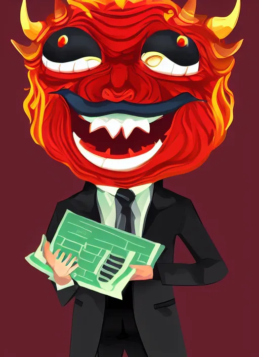 Image similar to a grinning devil dressed as an accountant, hellish, digital art, character portrait, high quality, 8 k, detailed,