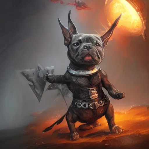 Image similar to Staffordshire bull terrier Dog, battle armour, Anthropomorphized, casting epic spell, magic the gathering artwork, D&D, fantasy, cinematic lighting, centered, symmetrical, highly detailed, digital painting, artstation, concept art, smooth, sharp focus, illustration, volumetric lighting, epic Composition, 8k, art by Akihiko Yoshida and Greg Rutkowski and Craig Mullins, heroic pose, oil painting, cgsociety, magic lab background