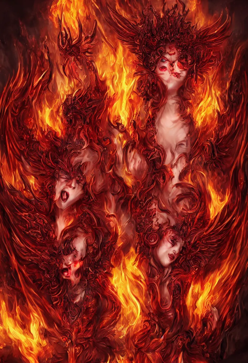 Prompt: stunning female demons surrounded in fire, korean, buddhist, Naraka otherworldly rising from the fire, crystal amber eyes , wings, very detailed face, smile, monster teeth covered in red, dark and mysterious, full body, rococo, cinematic, epic ,4K very detailed, full body, Sun God, death God, hell