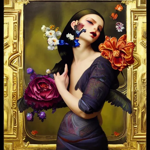 Image similar to dynamic composition, a painting of a woman with hair of flowers and raven plummage wearing ornate earrings, a surrealist painting by tom bagshaw and jacek yerga and tamara de lempicka and jesse king, featured on cgsociety, pop surrealism, surrealist, dramatic lighting, wiccan, pre - raphaelite, ornate gilded details