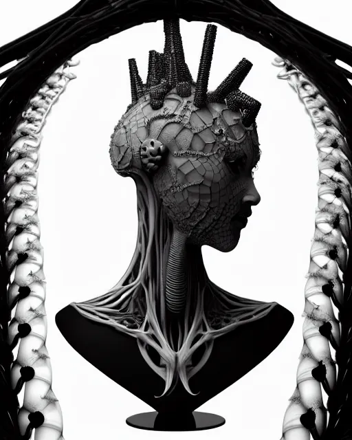 Prompt: a black and white 3D render of a young beautiful female queen-dragon-cyborg bust with a very long neck and Mandelbrot fractal face, Mandelbrot fractal skin, flesh, anatomical, facial muscles, veins, arteries, elegant, highly detailed, flesh highly baroque ornate, hair are cable wires, elegant, high fashion, rim light, octane render, in the style of H.R. Giger, Realistic, Refined, Digital Art, Highly Detailed, Cinematic Lighting, rim light, black and white, photo-realistic, 8K