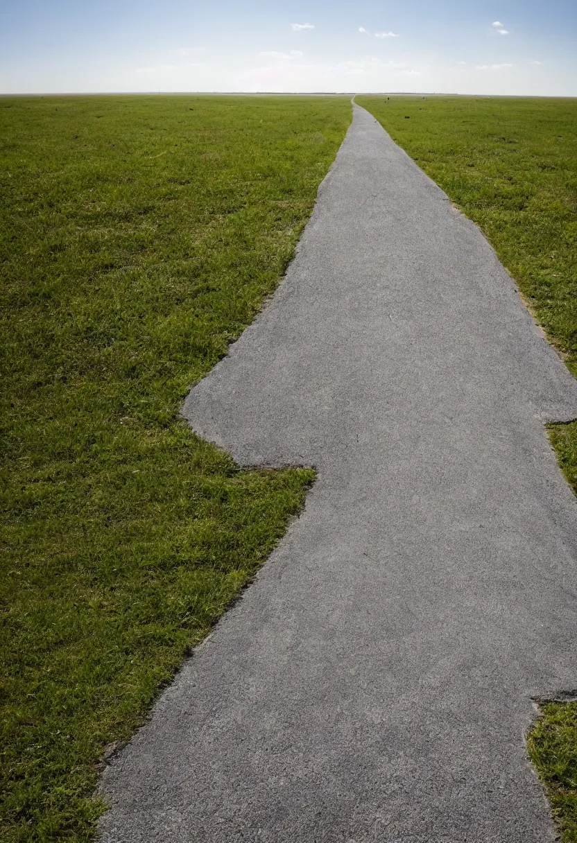 Prompt: a concrete road ends in the middle of an empty grassy plain, sunny