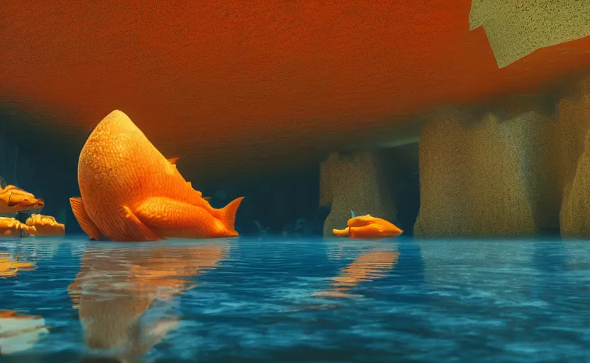 Image similar to a cave lake with some big orange fish inside, studio ghibli, pixar style, octane render, unreal engine 5, path traced, highly detailed, high quality, 8 k, soft lighting, godrays, complementary colors, natural lighting, water parallax, serene landscape, beautiful, elegant, digital painting